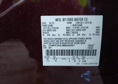 2021 Ford Edge Titanium z USA, uszkodzony, nr VIN 2FMPK3K91MBA02927